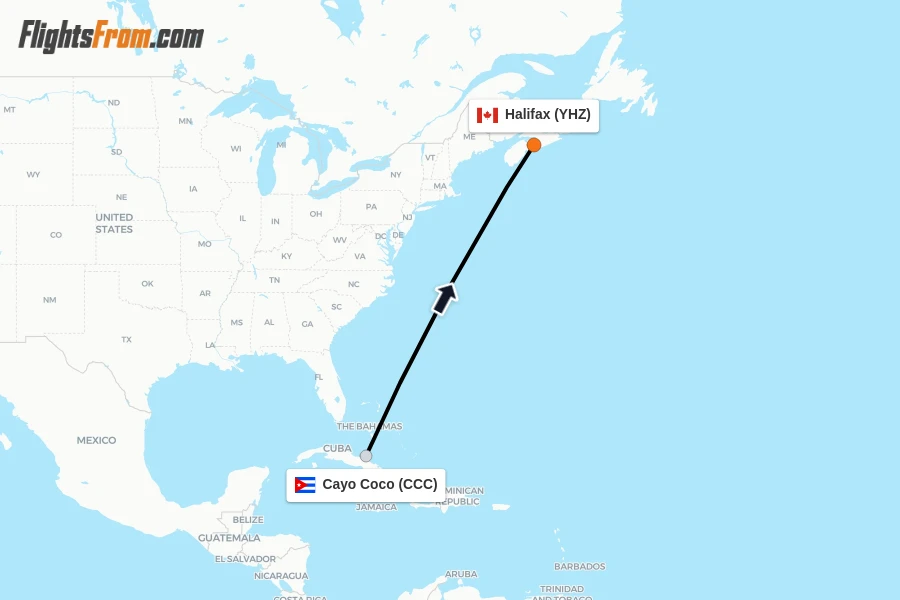 Flights from Cayo Coco to Halifax route map