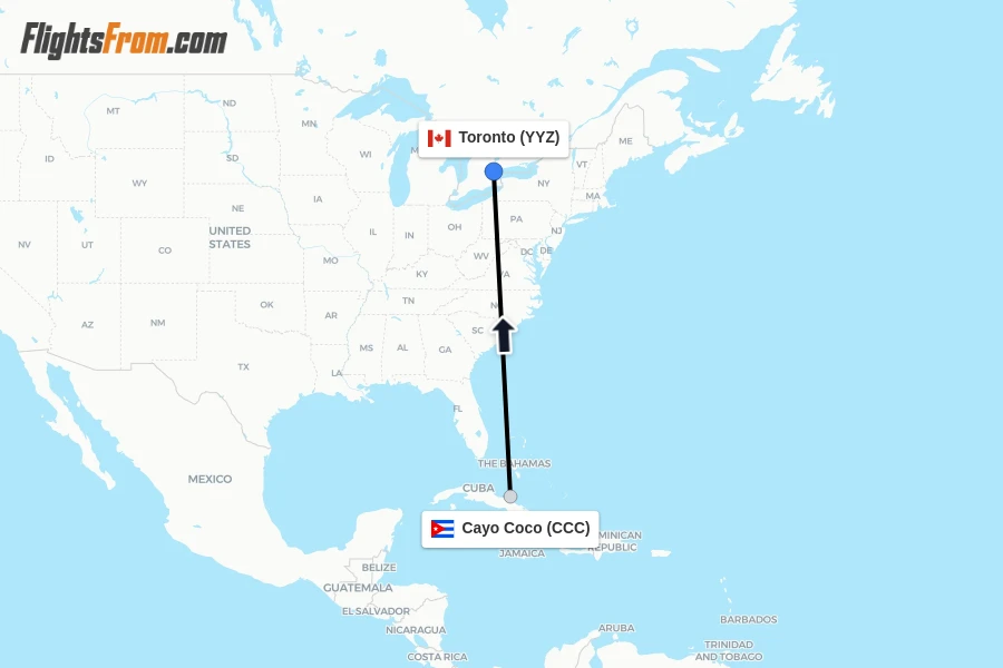 Flights from Cayo Coco to Toronto route map