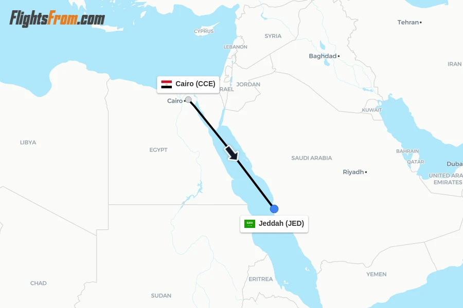 Flights from Cairo to Jeddah route map