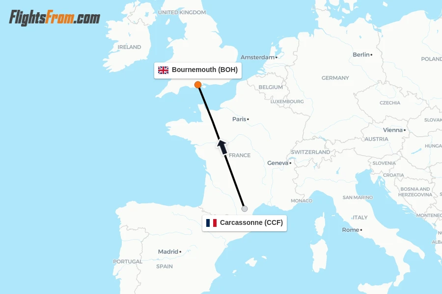 Flights from Carcassonne to Bournemouth route map