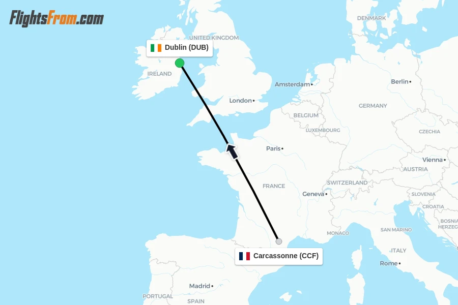 Flights from Carcassonne to Dublin route map