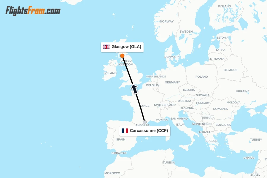 Flights from Carcassonne to Glasgow route map