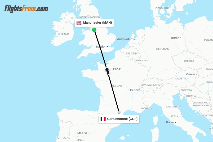 Flights from Carcassonne to Manchester route map