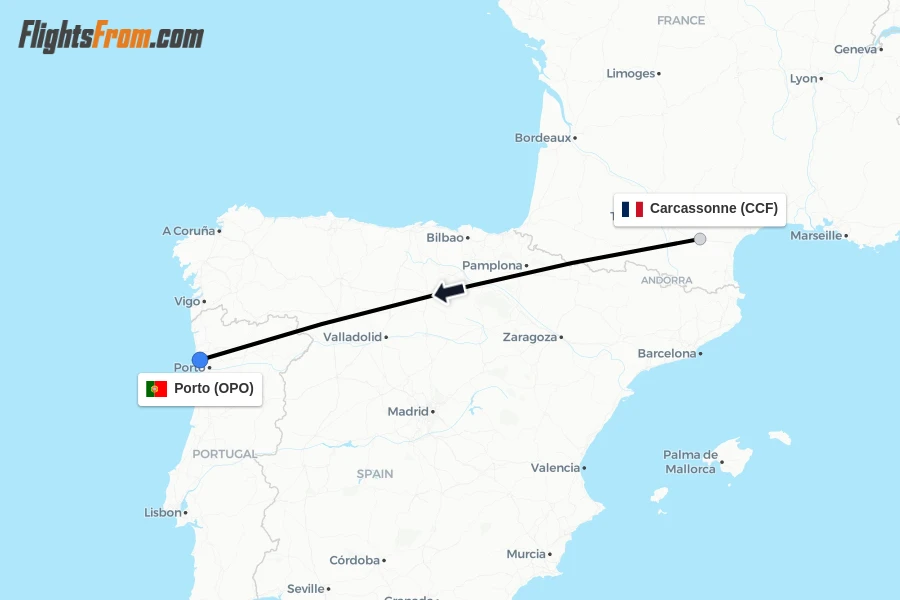 Flights from Carcassonne to Porto route map
