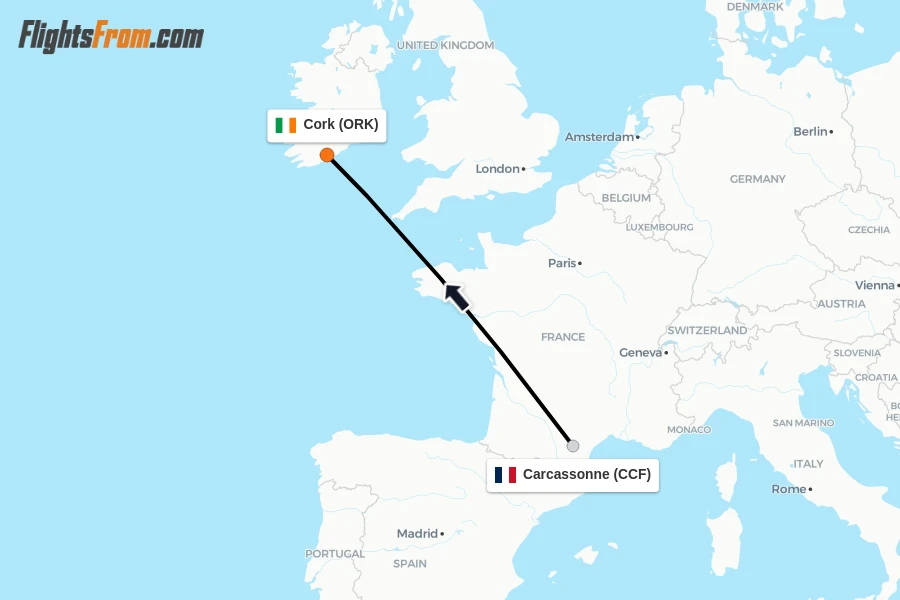 Flights from Carcassonne to Cork route map
