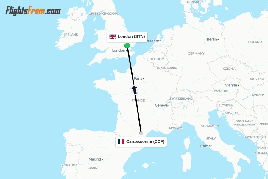 Flights from Carcassonne to London route map