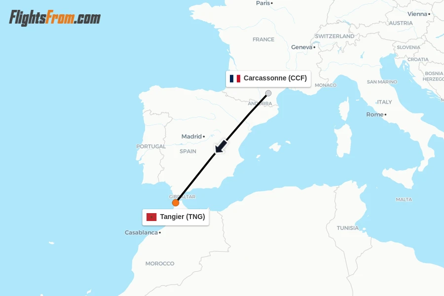 Flights from Carcassonne to Tangier route map