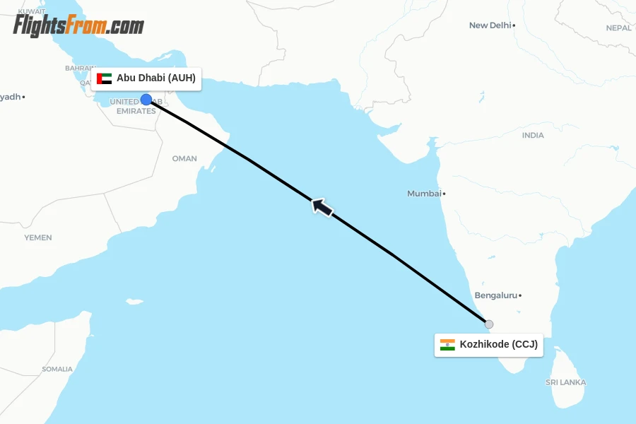 Flights from Kozhikode to Abu Dhabi route map