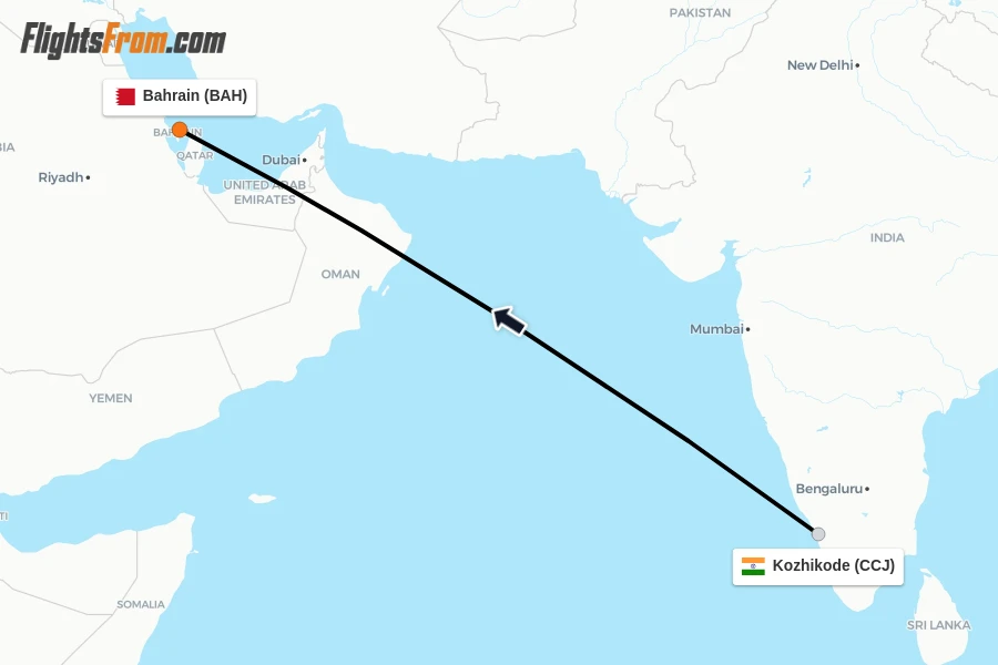 Flights from Kozhikode to Bahrain route map