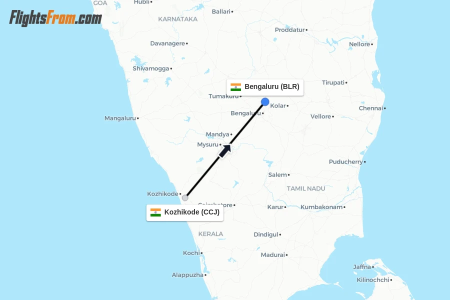 Flights from Kozhikode to Bengaluru route map