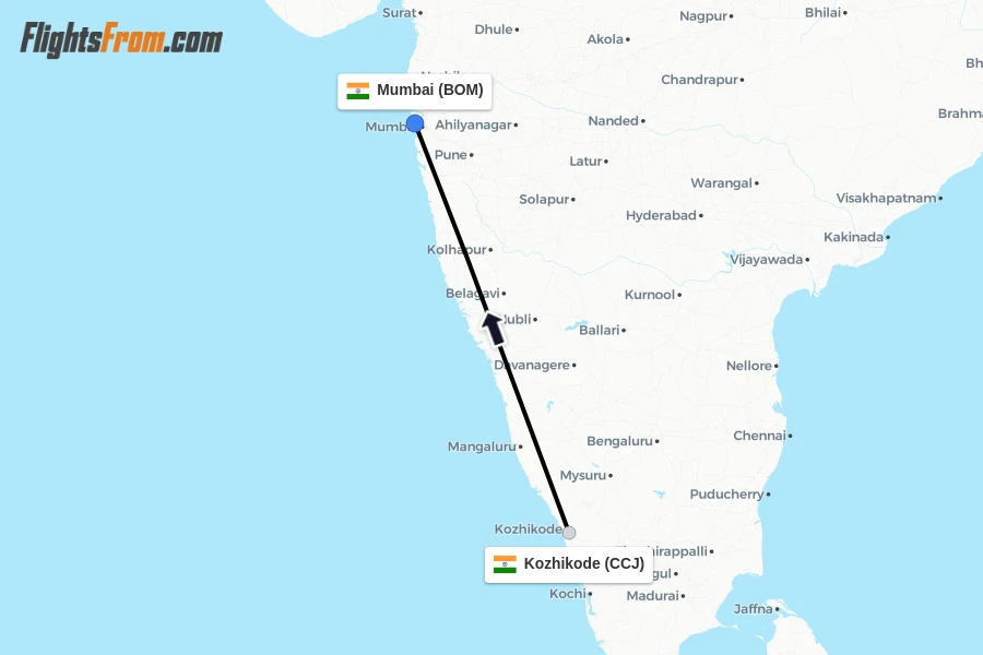 Flights from Kozhikode to Mumbai route map