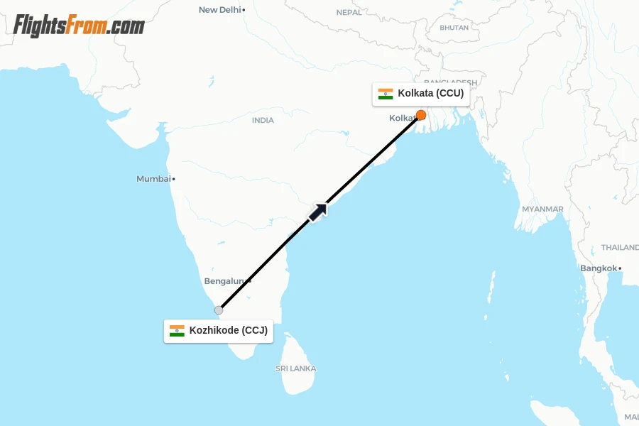 Flights from Kozhikode to Kolkata route map