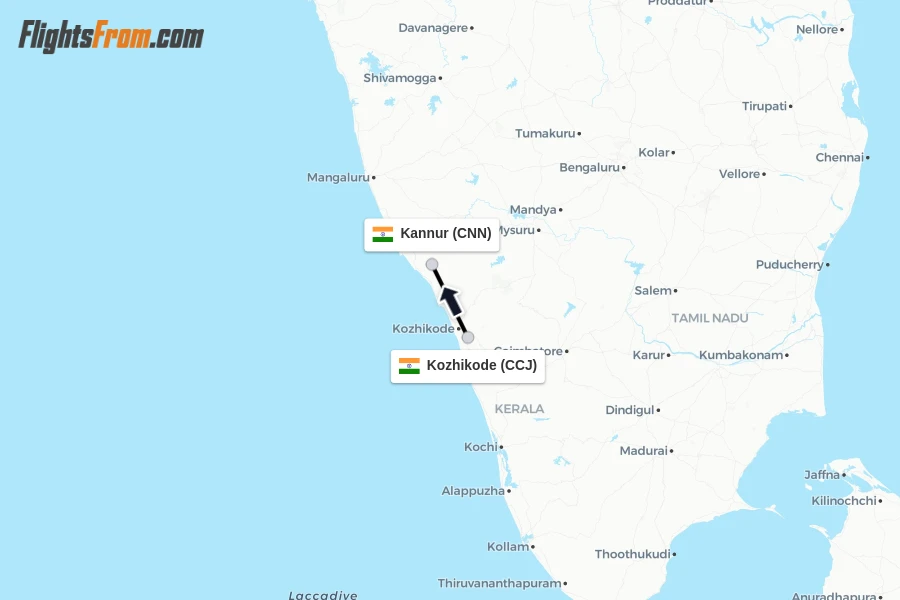 Flights from Kozhikode to Kannur route map