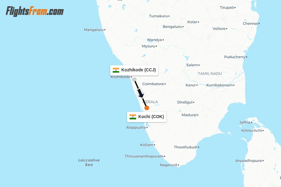 Flights from Kozhikode to Kochi route map