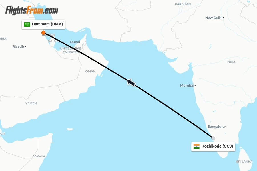 Flights from Kozhikode to Dammam route map