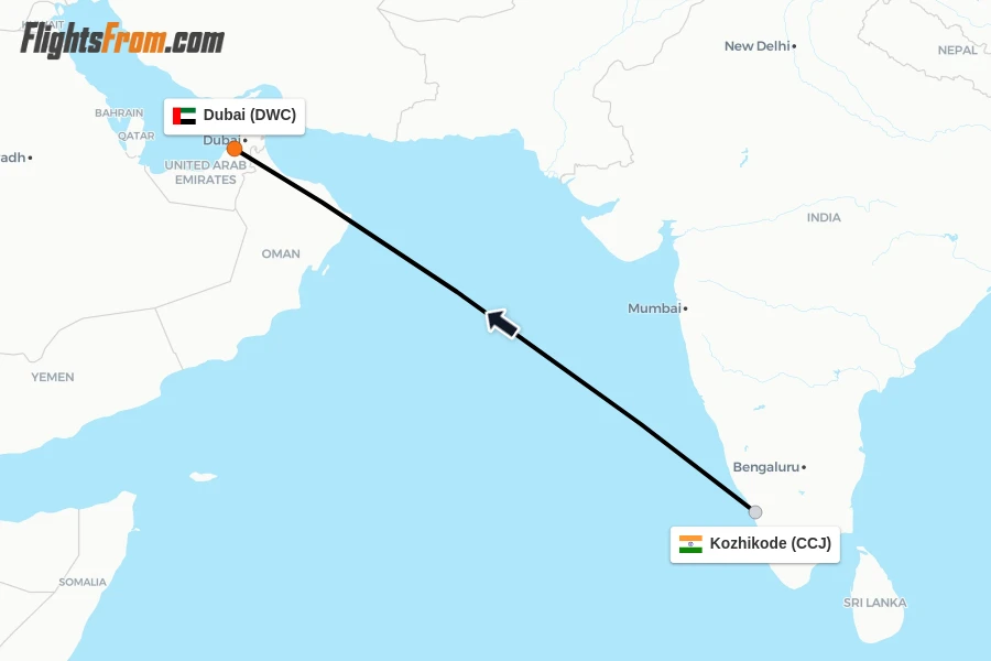Flights from Kozhikode to Dubai route map