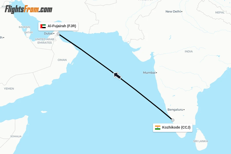 Flights from Kozhikode to Al-Fujairah route map