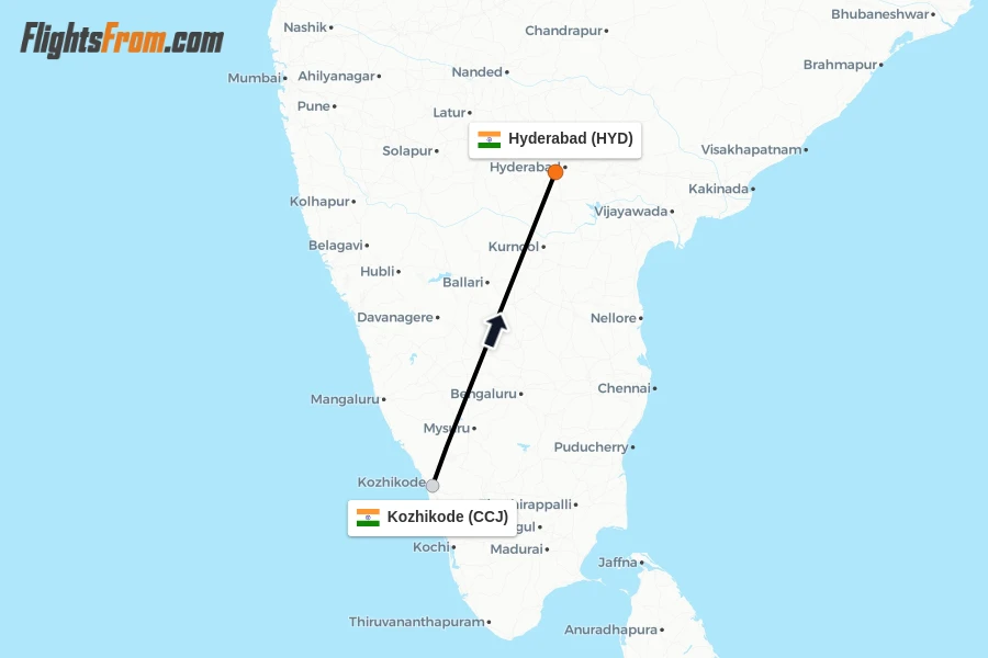 Flights from Kozhikode to Hyderabad route map