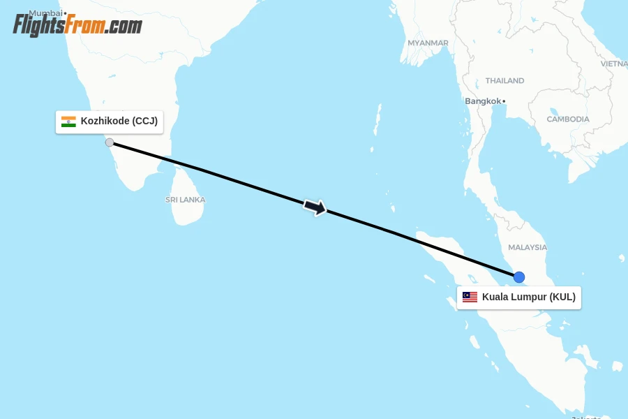 Flights from Kozhikode to Kuala Lumpur route map