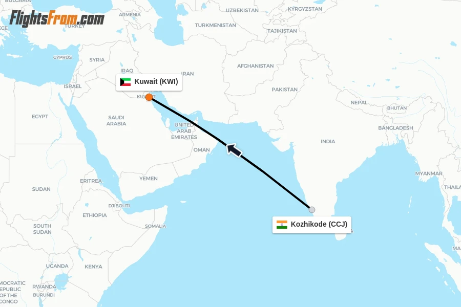Flights from Kozhikode to Kuwait route map