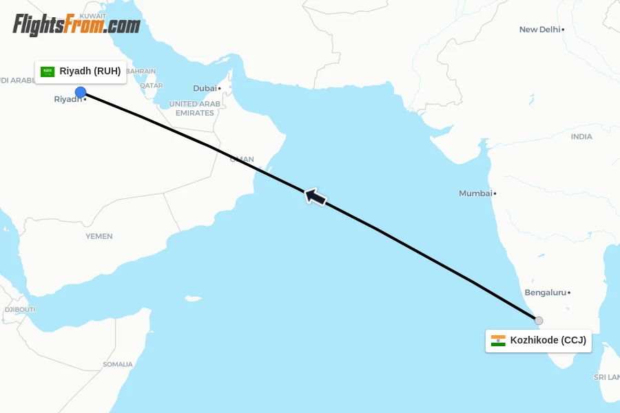 Flights from Kozhikode to Riyadh route map