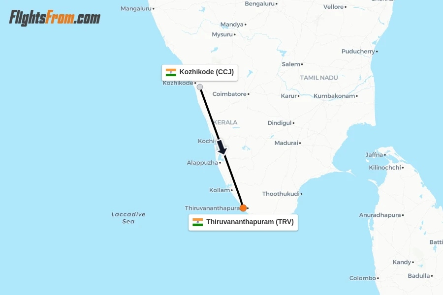 Flights from Kozhikode to Thiruvananthapuram route map