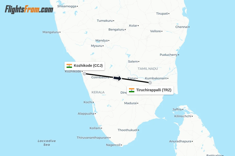 Flights from Kozhikode to Tiruchirappalli route map