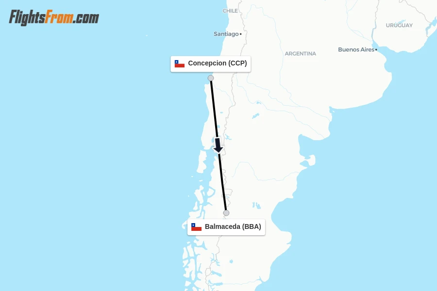Flights from Concepcion to Balmaceda route map