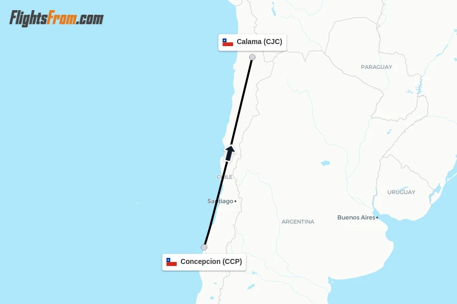 Flights from Concepcion to Calama route map