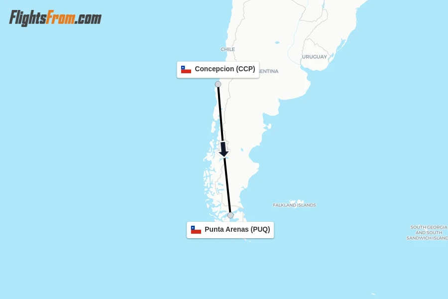 Flights from Concepcion to Punta Arenas route map
