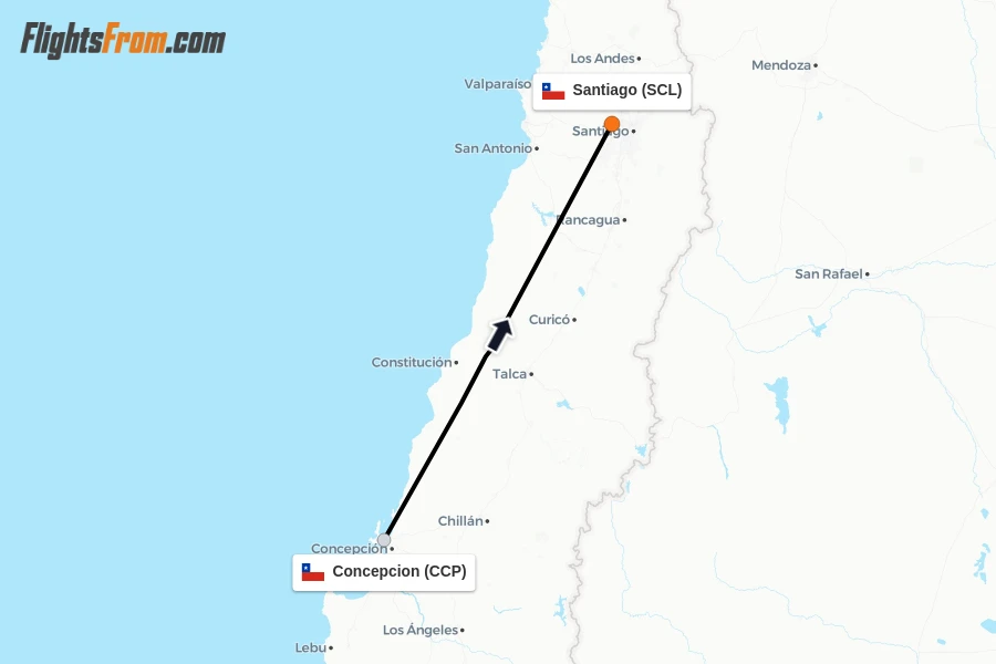 Flights from Concepcion to Santiago route map