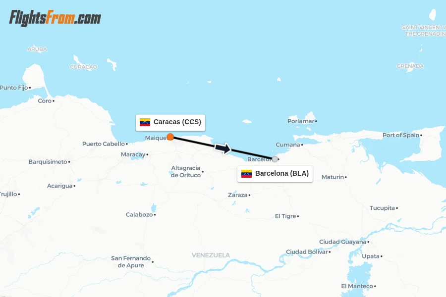 Flights from Caracas to Barcelona route map