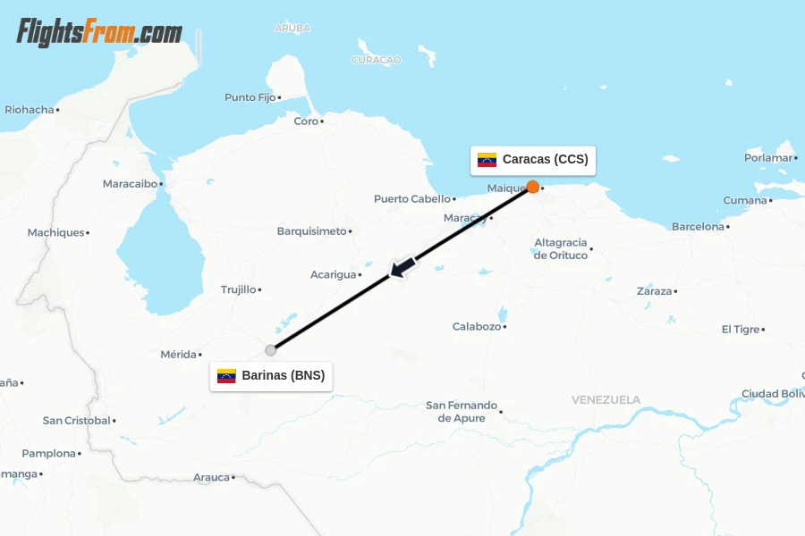 Flights from Caracas to Barinas route map
