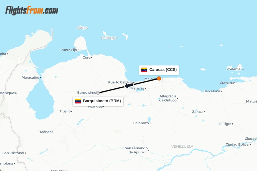 Flights from Caracas to Barquisimeto route map