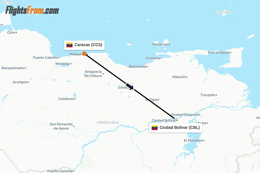 Flights from Caracas to Ciudad Bolivar route map