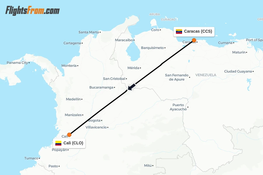 Flights from Caracas to Cali route map