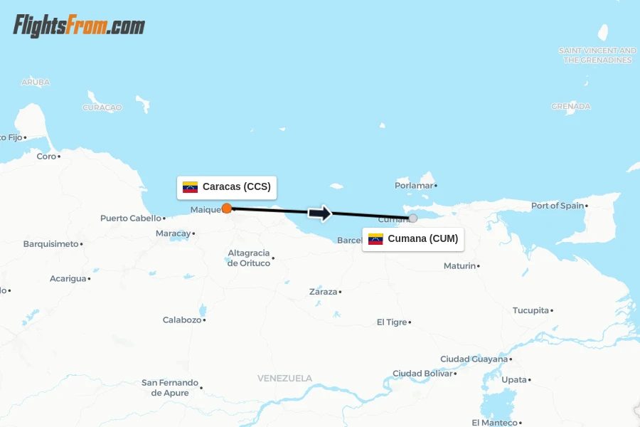 Flights from Caracas to Cumana route map
