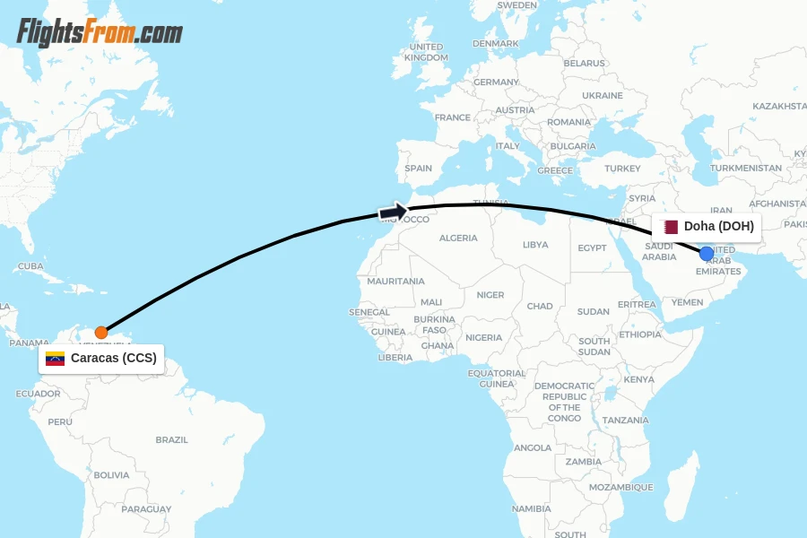 Flights from Caracas to Doha route map
