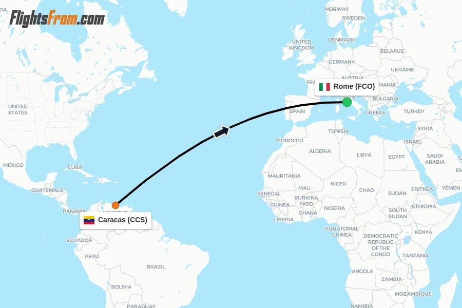 Flights from Caracas to Rome route map