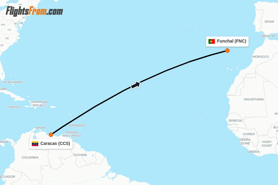 Flights from Caracas to Funchal route map