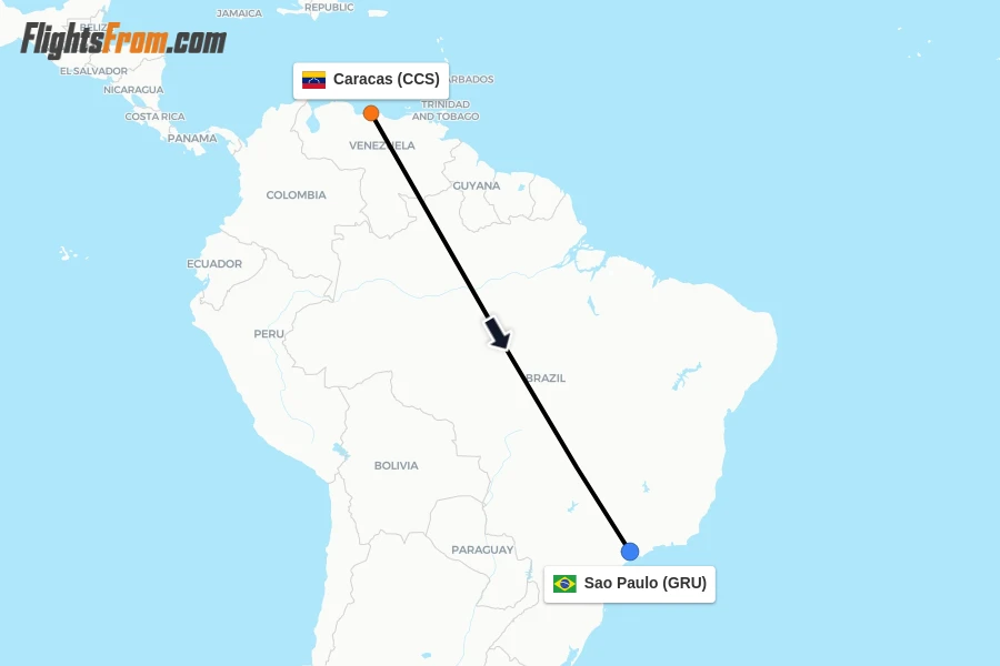 Flights from Caracas to Sao Paulo route map
