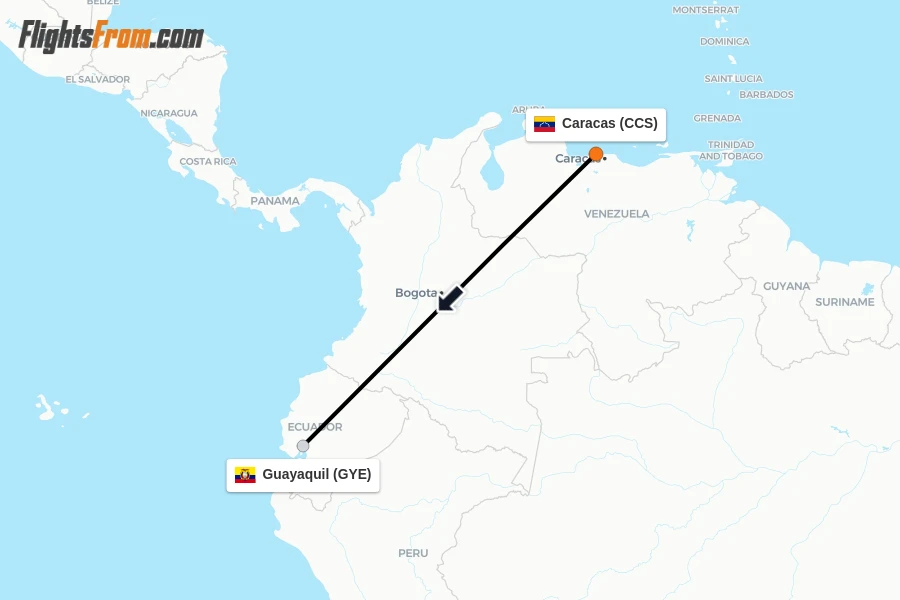 Flights from Caracas to Guayaquil route map