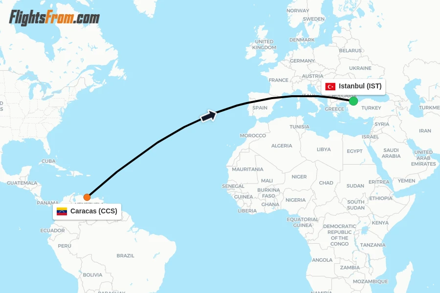 Flights from Caracas to Istanbul route map