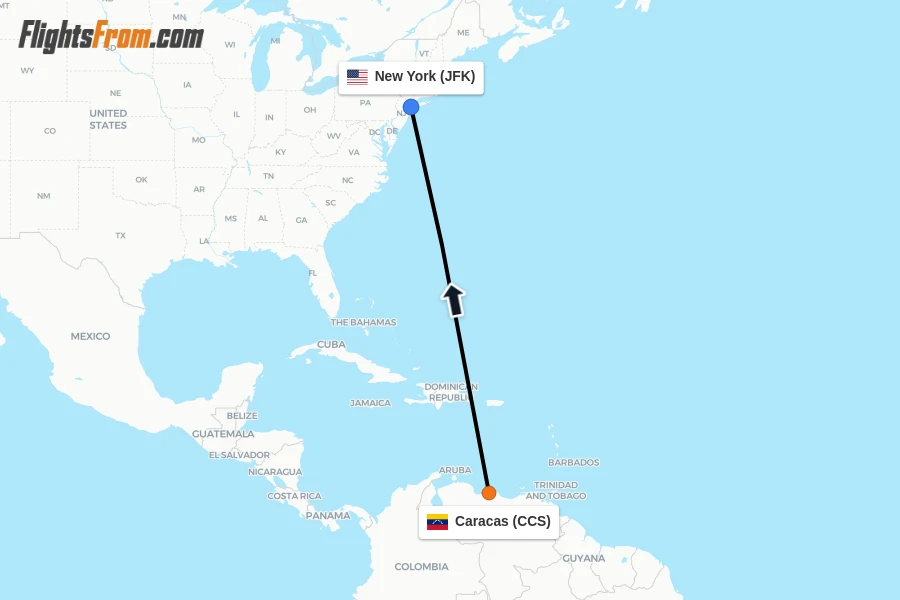 Flights from Caracas to New York route map