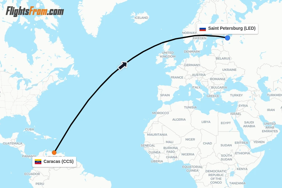 Flights from Caracas to Saint Petersburg route map