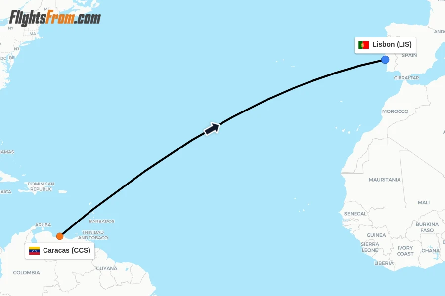Flights from Caracas to Lisbon route map