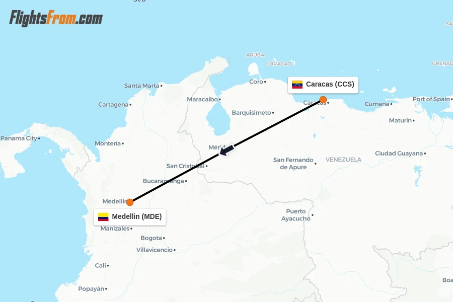 Flights from Caracas to Medellin route map