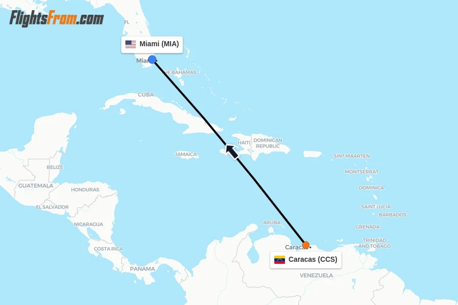Flights from Caracas to Miami route map