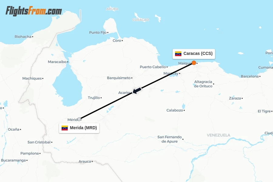 Flights from Caracas to Merida route map