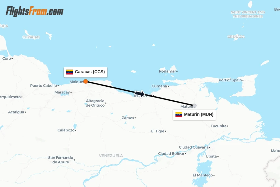 Flights from Caracas to Maturin route map